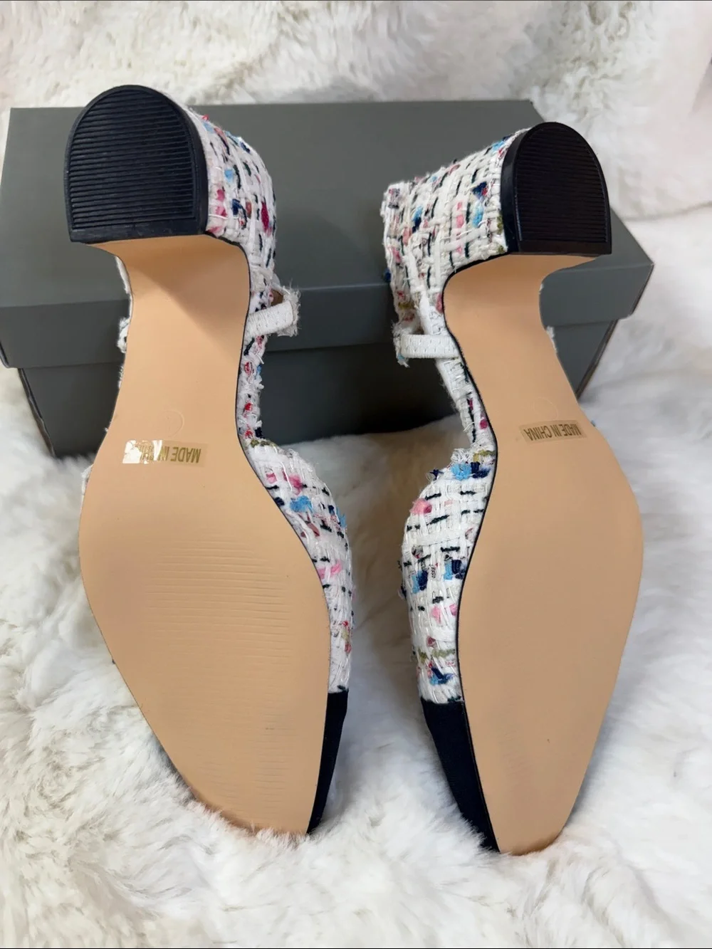 Amazon White Multicolor Tweed Slingback Heels with Black Cap Toe